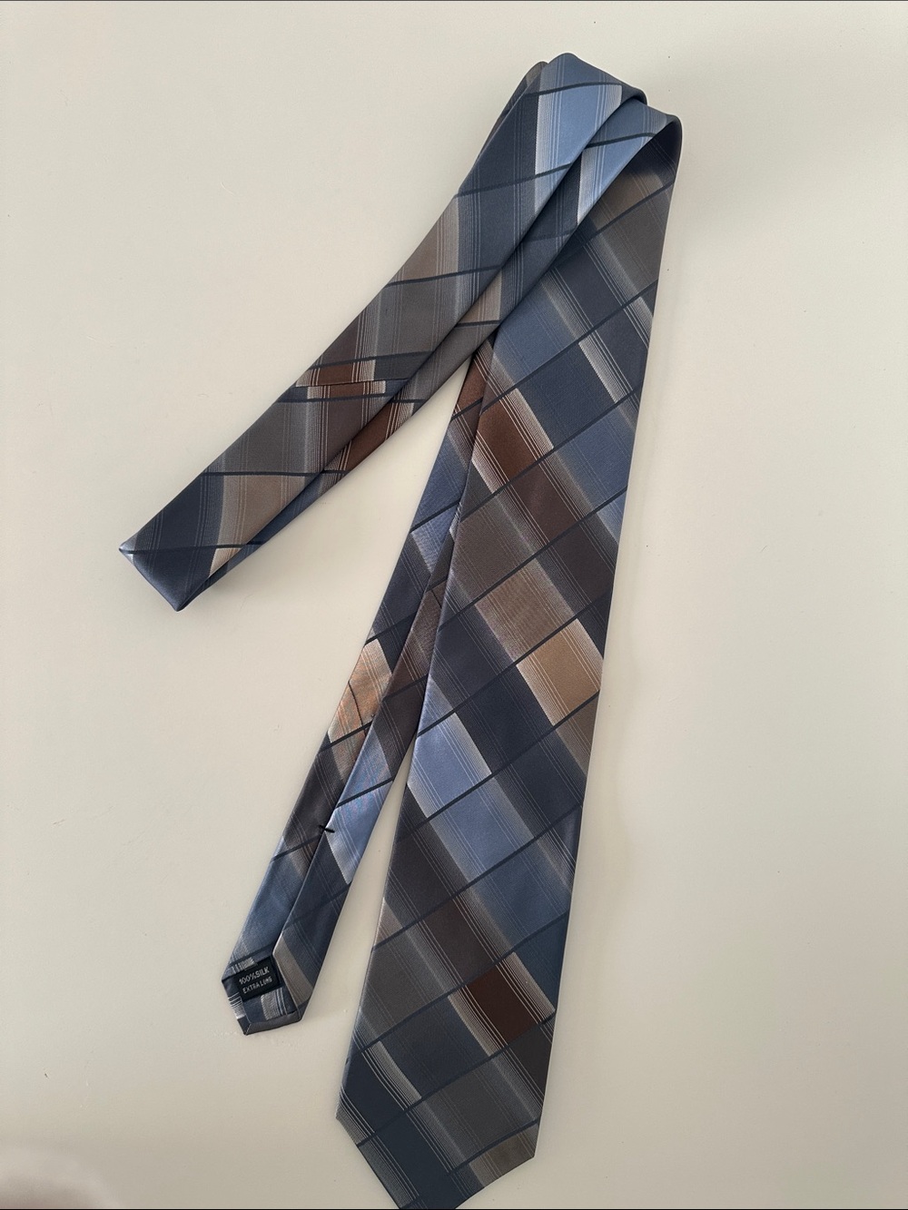 Calvin Klein Blue and Brown Plaid Silk Tie